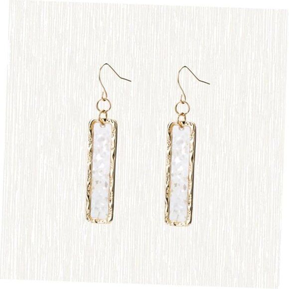 Thin Rectangle Geo Gold Glass Mother Pearl Opalescent Shell Dangle Earrings - Picture 6 of 6